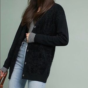 Michael Stars Eyelash Front V-neck Fuzzy Cardigan Sweater Women's M Black